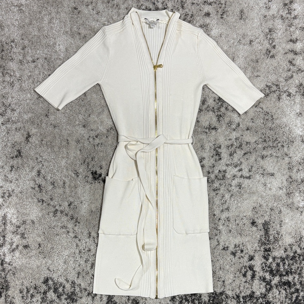Guess Ivory Ribbed Knit Zip-Front Sweater Dress | Size S